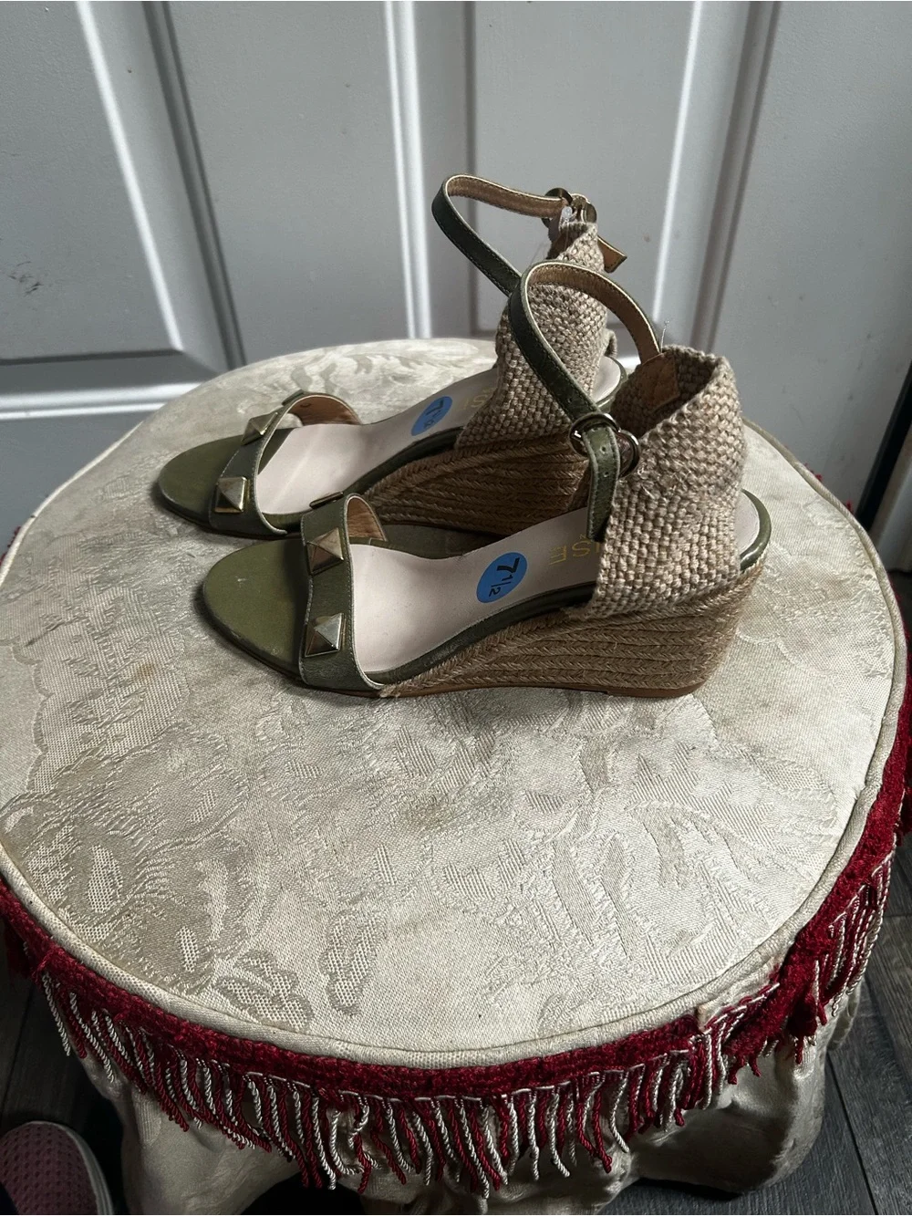 Venise Collection Olive Green Espadrille Wedge Sandals with Ankle Strap Sz 38